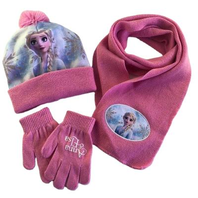 China New children's snow princess hat scarf knitting wool 100% autumn and winter 2021 three-piece cotton set Aisha and Anna for sale