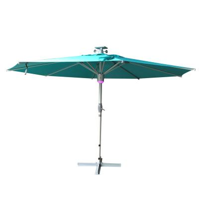 China Mefo Modern Garden Center Aluminum Pole Blue With Wind Sensor Automatic Folding Sun Patio Parasol Umbrella With 7 Color Led Lights for sale