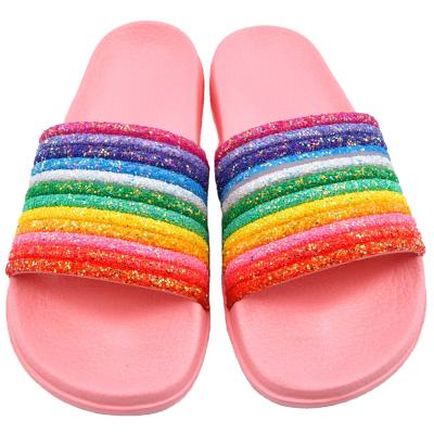 China Fashion Trend Rainbow Pink Slippers Flat Sandals for Women and Ladies 2021 Eva Soft Comfortable Ladies Shiny Slippers and Sandals for sale