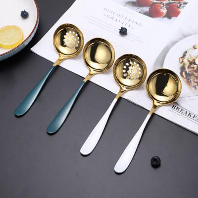 China Disposable 304 Stainless Steel Soup Strainer Soup Serving Spoon Set Hotel Service Creative Large Round Soup Pot Spoon Hot Kitchen Tools for sale