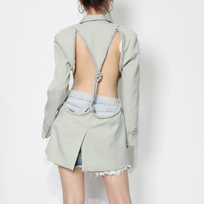 China Women Breathable Blazer Hollow Out Sexy Asymmetry Blazers And Jackets Lace Up Green Irregular Fashion Long Suit Coats Women 2022 New for sale