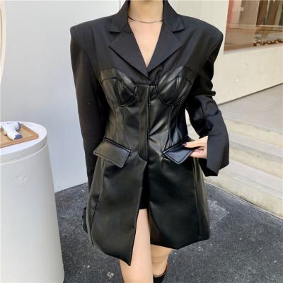 China Best Quality China Manufacturer Breathable Blazer PU Spliced ​​Black Ladies Long Suit Female Jacket 2022 Spring Women Blazer Set Dropship New for sale