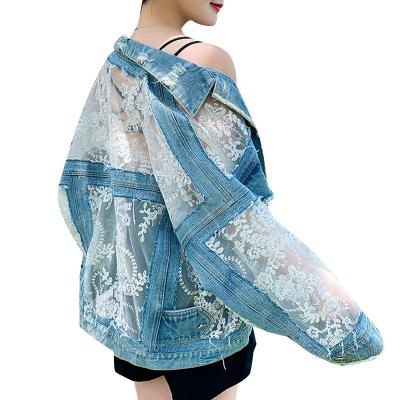 China GetSpring 2022 New Lace Patchwork Women Denim Coat Breathable Sheath Long Sexy Ladies Jean Jacket Female Fashion Clothes for sale