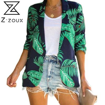 China GetSpring Women Blazer Leaf Printed Blazer Coat Green Three Quarter Sleeve Single Breasted Women's Slim Suit Jacket Autumn 2020 for sale