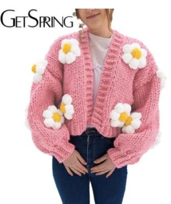 China New product women's cardigan sweater women's anti-shrink patchwork flowers color matching pink cardigans sweaters casual wholesale for sale