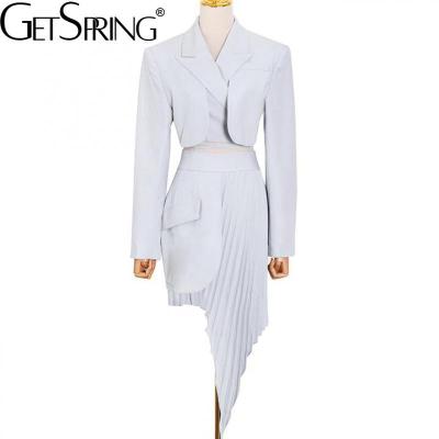 China GetSpring Women Breathable Blazer Skirt Set Irregular Pleated Skirt Suit Short Coat High Waist Two Piece Sets Fashion White Skirt Suit 2021 for sale