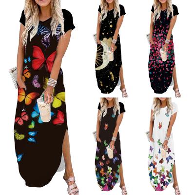 China 2021 summer new style breathable shorts sleeve with pocket printed casual elegant fashion long skirt women's clothing for sale