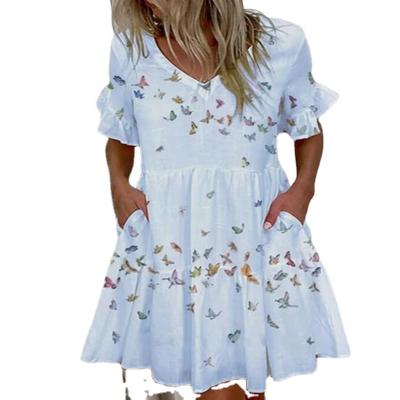 China 2021 Summer Breathable Women Fashion Floral Print Breathable Elegant Casual Dress With Pocket Ruffle Short Skirts For Women for sale