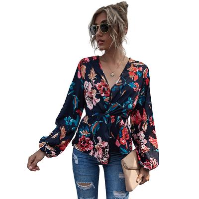 China Autumn New Arrival V-Neckline T-Shirts Sheath Blouses QUICK DRY Printing Ladies Casual Floral Long Form Slim Fit T-shirt for sale