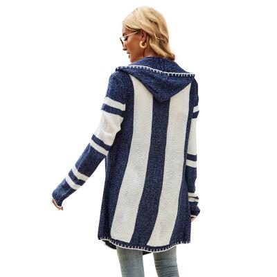 China 2021 Autumn Winter Amazon New Striped Anti-wrinkle Women's Contrast Color Long Sleeve Knitted Sweater Coat Jacket for sale