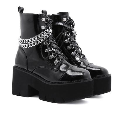 China Large Size Black Round Boot Women's Shoes With Chains Waterproof Fashion Chunky High Heel Platform Ankle Boots For Women for sale