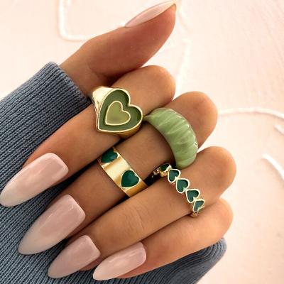 China Wholesale Jewelry Ring Women Fashion Rings Set Vintage Fashion Green Color Resin Flower Love Heart Jewelry for sale