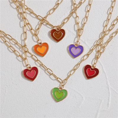 China Trendy Mixed Fashion Colorful Love Heart Couple Necklace Men Couples Rainbow Heart Choker Necklaces Lovers Chain Jewelry For Women for sale