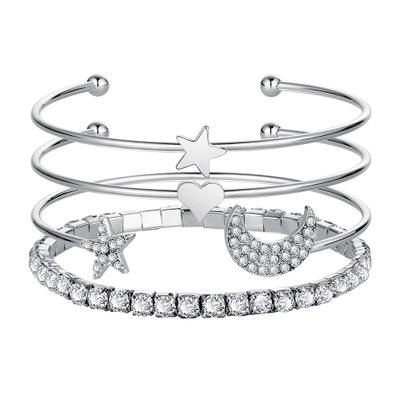 China 4 PCS/Set TRENDY Bangle Bracelet Set For Women Star Heart Moon Charm For Female Rubber Band With Rhinestone Jewelry For Ladies Fashion for sale