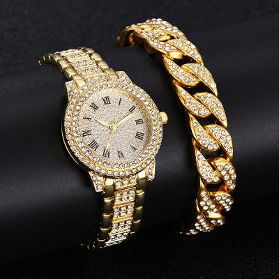 China Fashion Luxury Full Crystal Diamond Watches Bracelet Set Men Women Pressure Gauge Steel Belt Wrist Watch Relojes Para Mujer Gold for sale