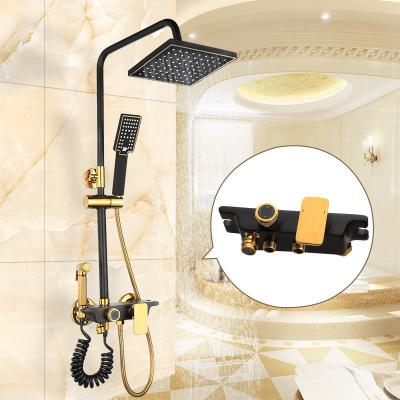 China With Slide Bar Wall Mount Black Gold Bath Room Shower Head Mixer Set SUS304 Bathroom Mixer Hot Cold Panel Shower Faucet Set Brass for sale