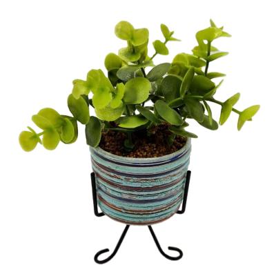 China Farmhouse Ceramic Planter with Metal Plant Stand, 3 inch Dia. Pot with black mid century holders for sale