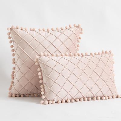 China Soft Folded Crystal Velvet Quilting Throw Pillow Covers Pom Poms Decorative Fringes Solid Cushion Cover for Home Decor for sale