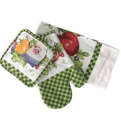 China 100%cotton Azo Free Printed Potholder Oven Mitt And Kitchen Towel 3pcs Kitchen Set for sale