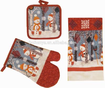 China Promotion Christmas Design Oven Mitt, Potholder and Azo Free Kitchen Towel 3pcs Sets for sale