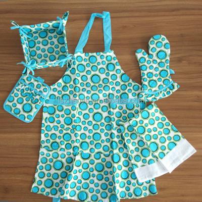 China QUICK DRY Blue Dotted Apron, 5pcs Kitchen Set Pot, Oven Mitt, Towel and Bread Basket Holder for sale