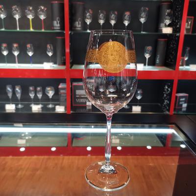 China Exquisite Custom Popular Restaurant Bar Gold Pattern Wine Glass 250ml Gold Red White Crystal Goblet Wine Glass Goblet for sale