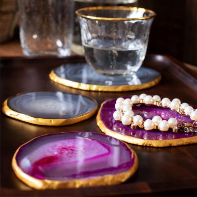 China MAXERY Viable Colorful Sllice Agate Coaster With Gold Trim Plated Wholesale Salt Agate Coaster With Gold Edge for sale