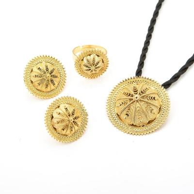 China Popular Ethiopian Round Ring Gold Color Eretrian Trendy Pendant Necklace Earrings Jewelry Sets for sale