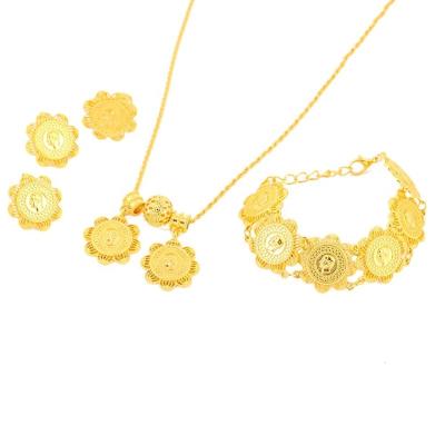 China Popular Color Ethiopian Coin Gold Necklace Earrings Ring Bracelet Trendy Bridal Wedding Pendant Jewelry Sets for sale