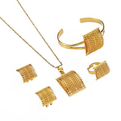 China Popular Ethiopian Jewelry Sets Necklaces Ring Bangles Dangle Earrings For Women Gold Color Bride Jewelry Gift for sale