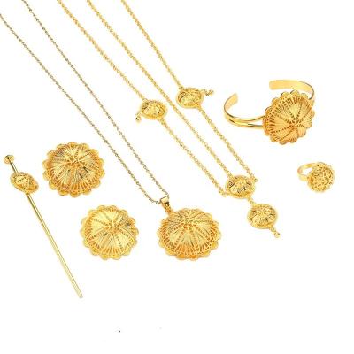 China Popular Ethiopian Trendy Jewelry Sets Necklaces Ring Bangles Dangle Earrings For Women Gold Color Bride Jewelry Gift for sale