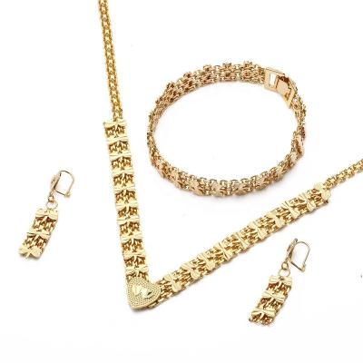 China Popular Exquisite Design Gold Color Double Heart Earring Necklace Bracelet Fashionable Dubai Jewelry Set for sale