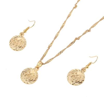 China Popular Coin Necklace Gold Color Dangle Earrings For Women Ethnic Islamic Religion Muslim Allah Jewelry Set for sale