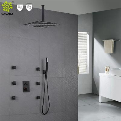 China Without Rainfall Hot Selling Matt Black SS304 Slide Bar Bathroom Thermostatic Valve Shower System Faucet Set Wall Mounted for sale