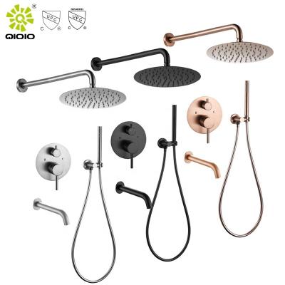 China Without Sliding Bar Water Saving CUPC 304 Stainless Steel Base Panel Swept Outdoor Hot And Cold Shower Balance Pressure Mixer Bathroom Set for sale