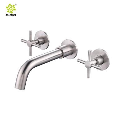 China Hot Sale Metered Faucets Brushed Gold 304 Stainless Steel Double Handle Water Mixer Tap Basin Hidden Faucet For Bathroom for sale