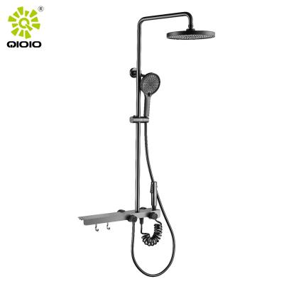 China With Sliding Bar NEW 2022 High Quality Bathroom Wall Mounted Bath Faucet Shower Sets With Shelve&round Shower Head Body Space Brass Aluminum for sale