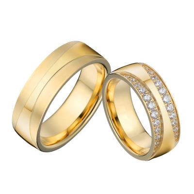 China Luxury CLASSIC Zircon Diamond Wedding Couples Ring Set Love Wedding Bands 18k Gold Plated Jewelry Stainless Steel Women Rings for sale