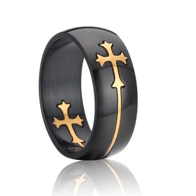 China Custom 8mm Black Stainless Steel Gold Cross Stainless Steel Ring Fashion Jewelry Wedding Band Rings For Men for sale