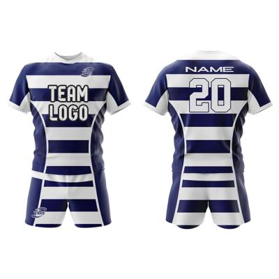 China Low MOQ Breathable Cheap Custom Sublimated Stripe Team Set Rugby Jersey Mens Youth White And Blue for sale