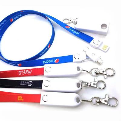 China 2021 New Camera ID Charging Cable Lanyard Card Holder With Heat Transfer Logo Key Chain 2 In 1 Lanyard USB Nylon Cable For Mobile Phone for sale