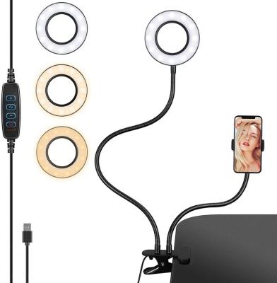 China YouTube/Visual/Live/Makeup/Photography/Tik Tok 2 in 1 Flexible Long Arm USB Clip on Flash Selfie Ring Light, 24 LED 3 Modes Dimmable Makeup Fill Lamps with Phone Holder for sale