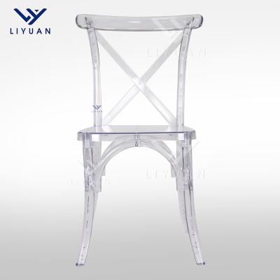 China Wholesale LIYUAN Hotel Chairs Rush Clear Plastic Acrylic Transparent Cross Back Wedding Chairs for Bride and Groom for sale