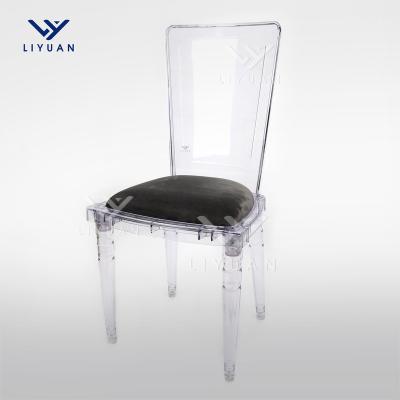 China LIYUAN Rush Hotel Rental Wedding Furniture Chair Acrylic Clear Plastic Resin Dining Back High Chairs With PU Leather Cushion for sale