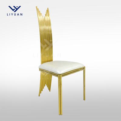 China Customized LIYUAN Fancy Modern Gold Brass Lobby Furniture Stainless Steel Frame Banquet Wedding Back High Long Chairs for sale