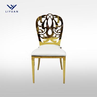 China Modern LIYUAN Hotel Banquet Gold Stainless Steel Elegant Solid Color Wedding Chairs Flower Back Cover for sale