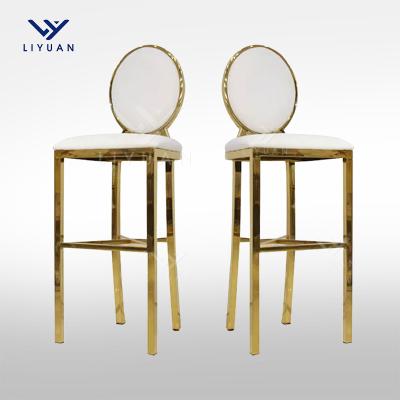 China Minimalist LIYUAN Hotel Restaurant Gold Stainless Steel Metal Tall Bar Chairs Mini High Back Bar Chair With Modern Leather Back for sale