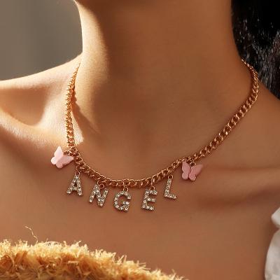 China Central Statistical Cute Butterfly Angel Baby Letter Zirconia Whip Chain Necklace For Women Jewelry Gift Wholesale for sale