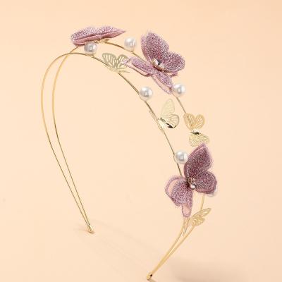 China New Fashionable Hand-embroidered Purple INS Butterfly Pearl Headband Hair Accessories For Women for sale