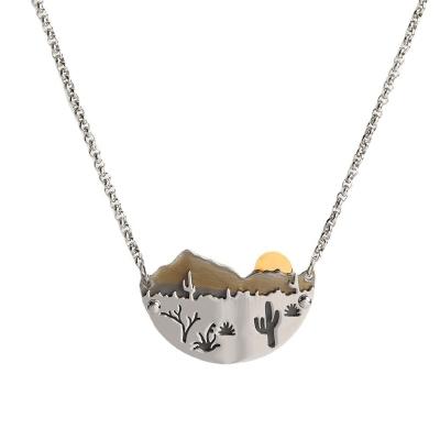 China CLASSIC Sunset Mountains Painting Landscape Stainless Steel Pendant Necklace For Women for sale